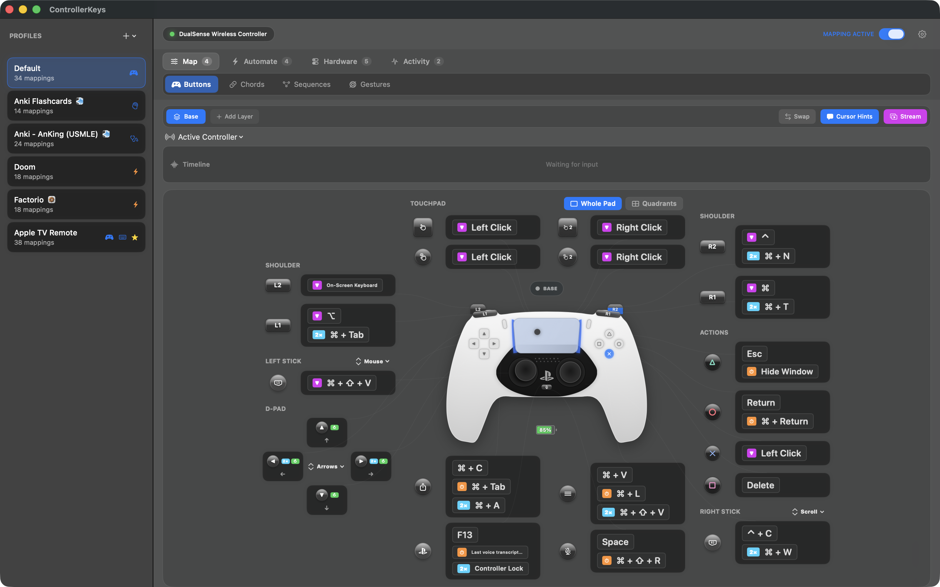 The current ControllerKeys interface mapping a PS5 DualSense controller to keyboard shortcuts, mouse actions, layers, chords, and sequences