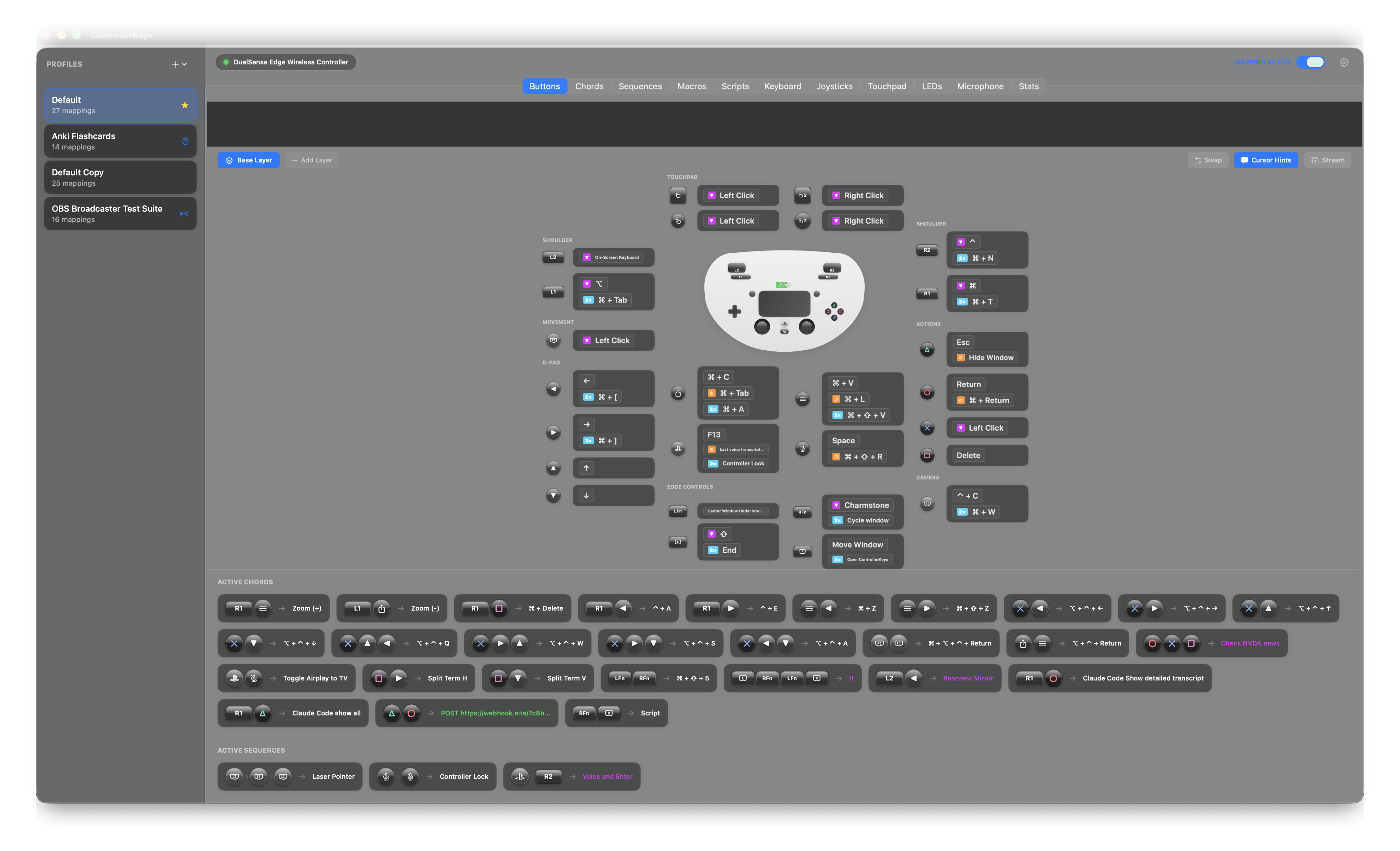 My ControllerKeys setup showing button mappings, chords, and sequences