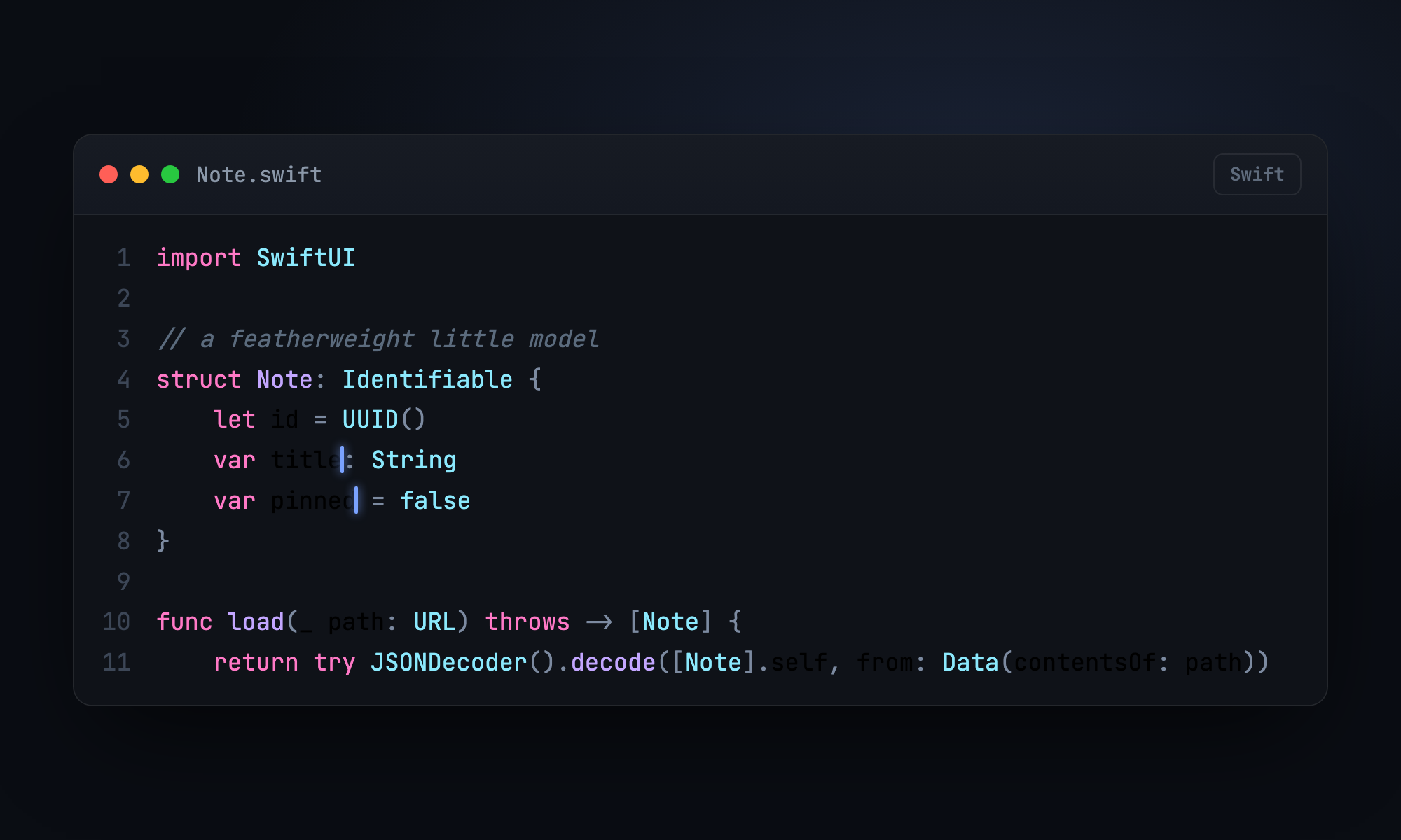 FeatherCode editing a small Swift file: a dark window titled Note.swift with a line-number gutter, syntax-highlighted Swift, and two blue insertion carets sitting on adjacent lines for a multi-cursor edit