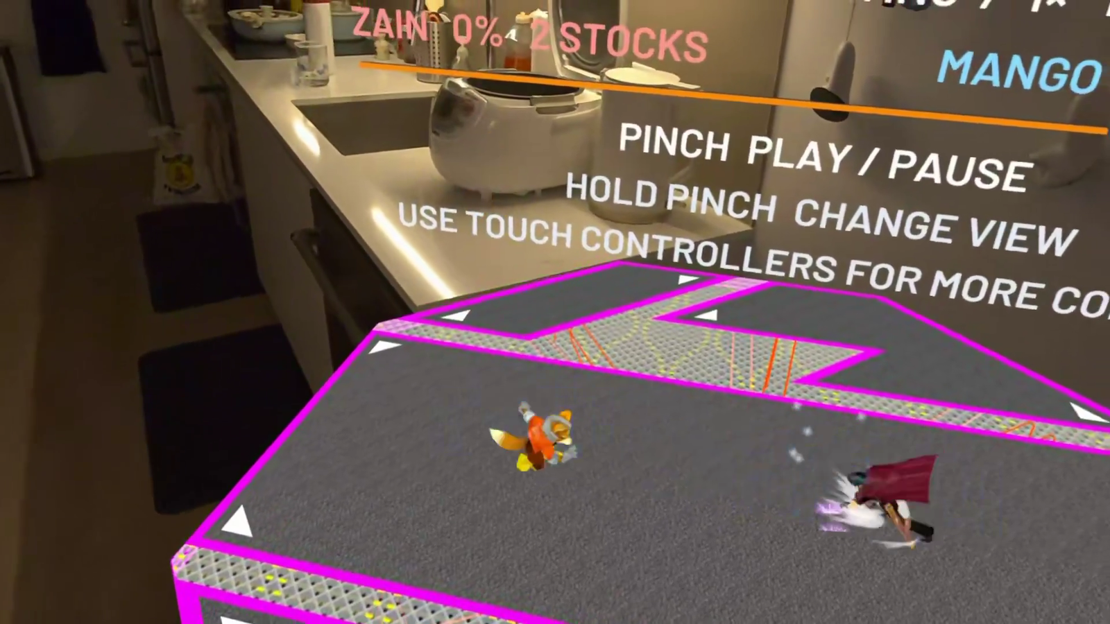 Fox and Marth fighting on a miniature Final Destination in front of my kitchen, captured through the Quest headset