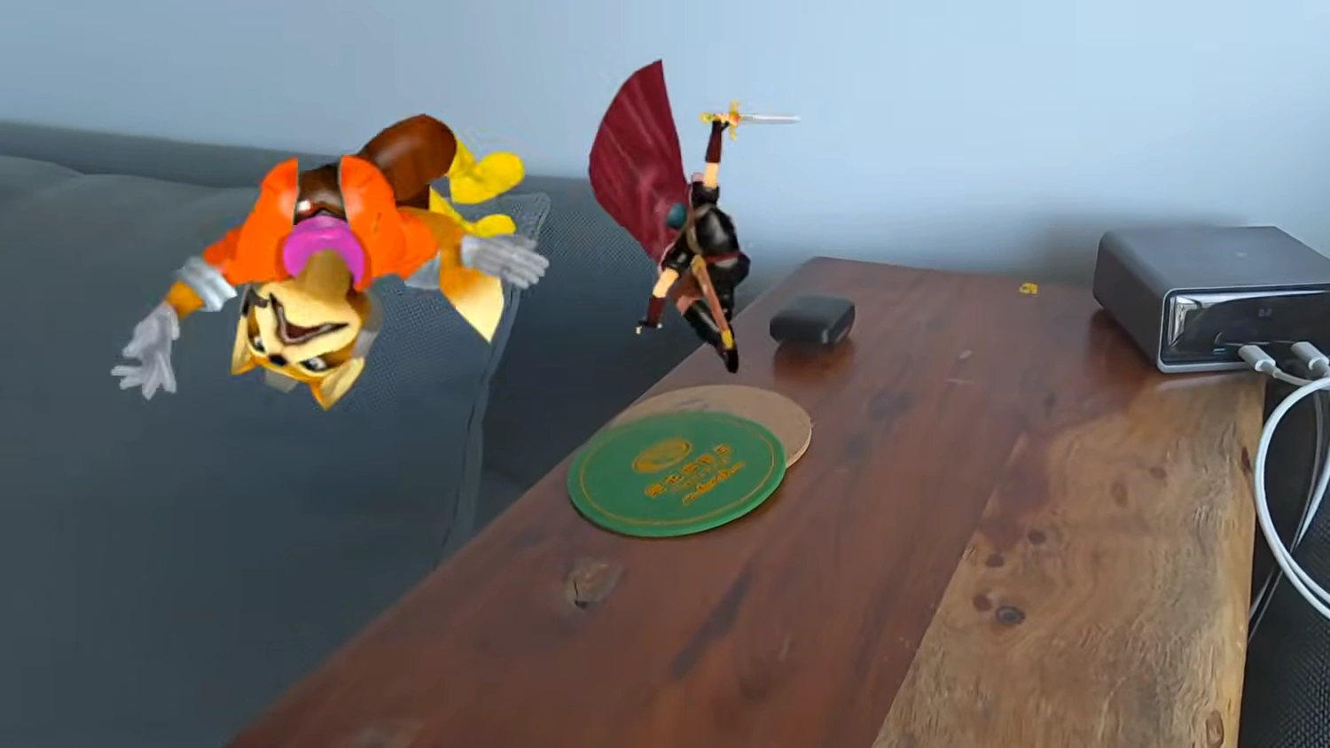 Fox flipping through the air as Marth swings his sword above a wooden table
