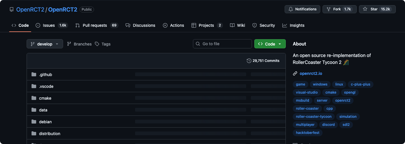 OpenRCT2 GitHub repository — 29,751 commits