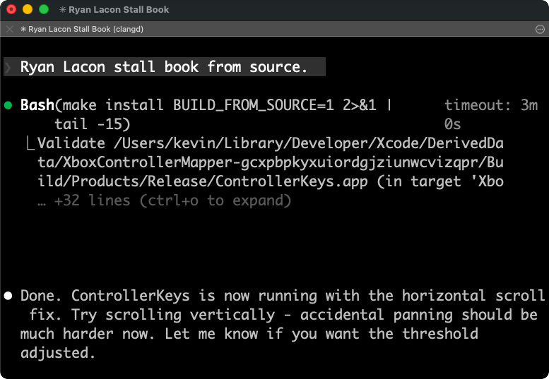 Voice transcription showing "Ryan Lacon stall book for source" being correctly interpreted as a make install command